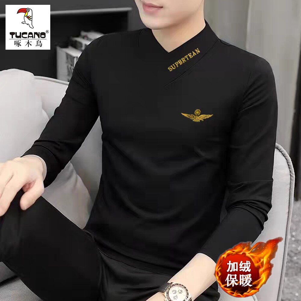 啄木鸟刺绣长袖T恤男士秋装上衣打底衫v领加绒内搭秋衣保暖内衣潮