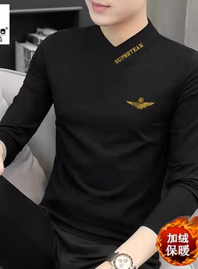啄木鸟刺绣长袖T恤男士秋装上衣打底衫v领加绒内搭秋衣保暖内衣潮
