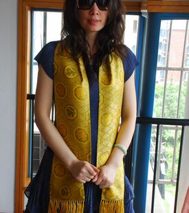 新品南京云锦 吉祥云锦 草黄色貔貅招财进宝真丝云锦双面围巾现货