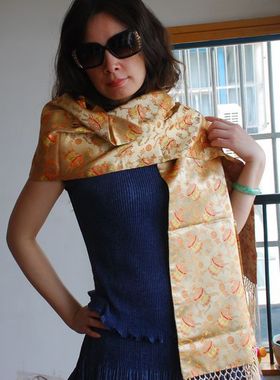 双12特卖 南京云锦 吉祥云锦淡黄色花朵云锦披肩围巾双面两用现货