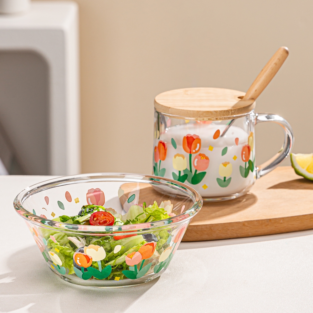 清新花朵ins玻璃杯碗牛奶早餐杯加盖勺水果沙拉碗宿舍家用女礼物
