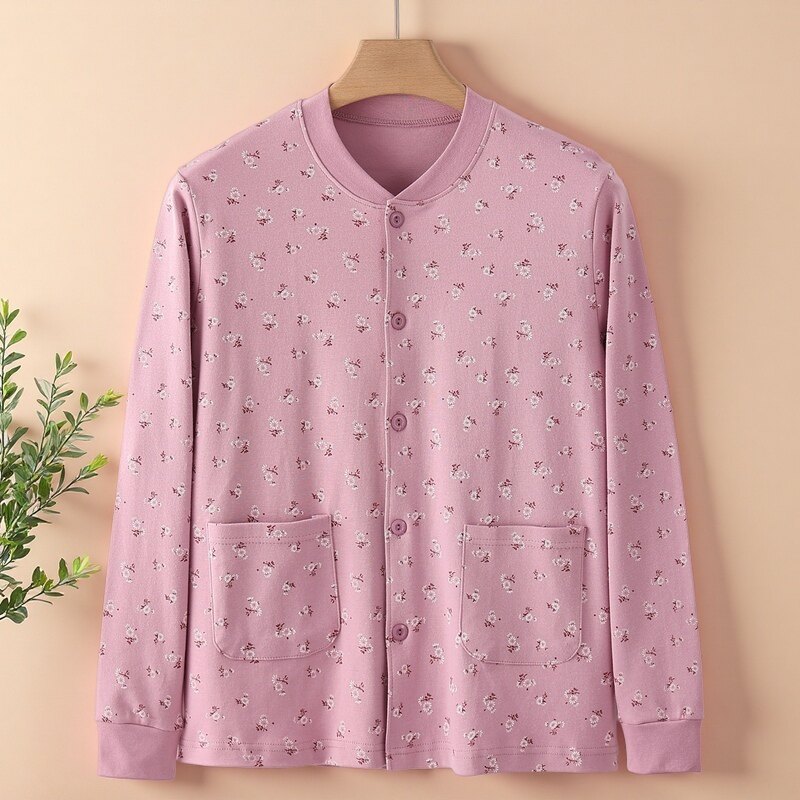 老太太纯棉开衫秋衣系扣内衣春秋款保暖长袖宽松大码对襟老年人