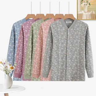 纯棉开衫家居服秋冬加厚秋衣妈妈加肥加大上衣睡衣中老年印花女士