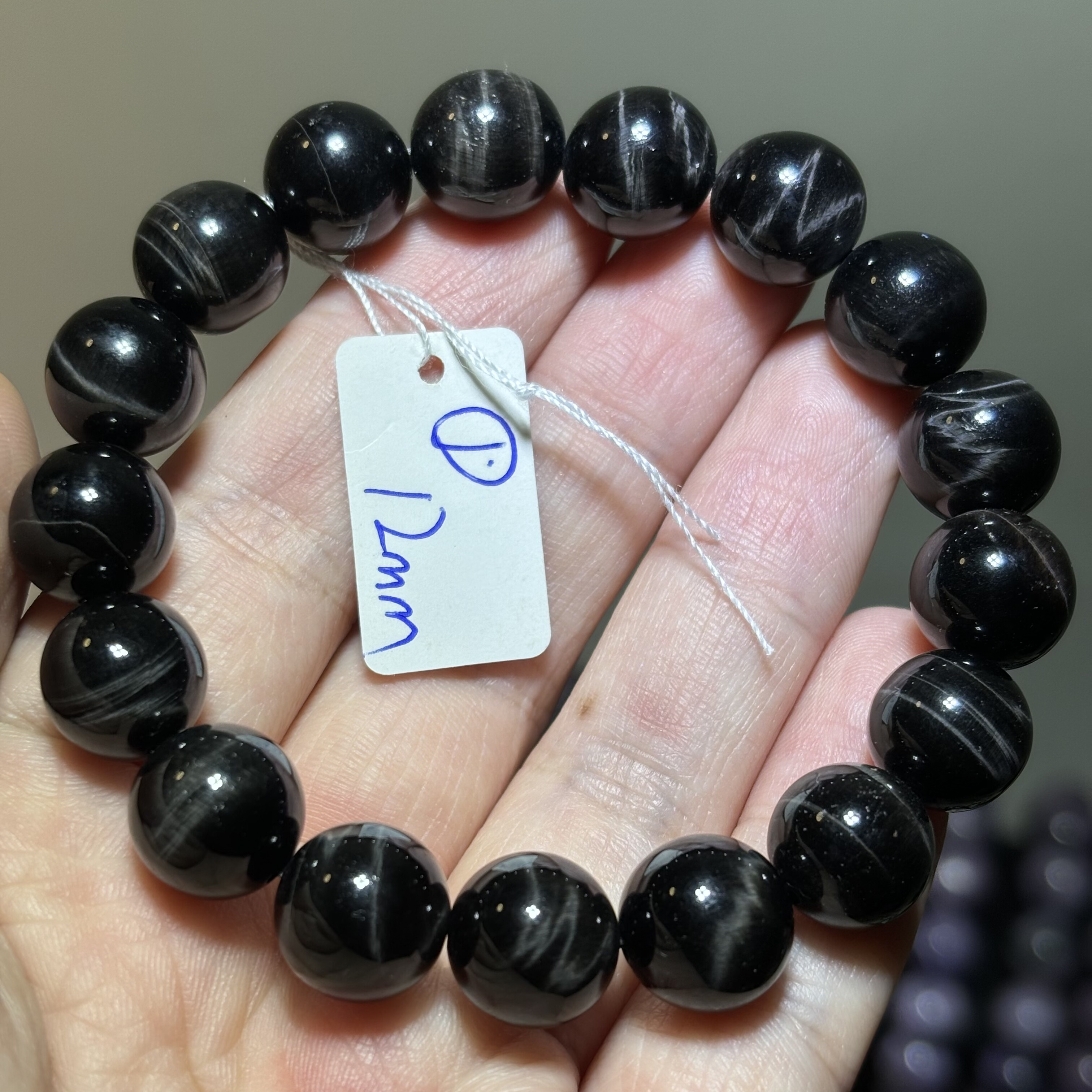 天然黑虎眼石手串水晶木变石手链12毫米男女款闪电纹一物一图