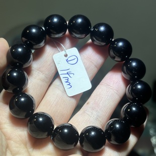 天然黑曜石无彩眼纯黑手链 珠子14毫米单圈 男款 一物一图