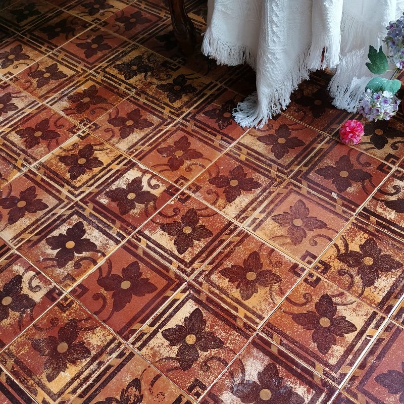 棕红色美式复古手工砖背景装饰花朵瓷砖花园阳台院子莫奈拼花地砖