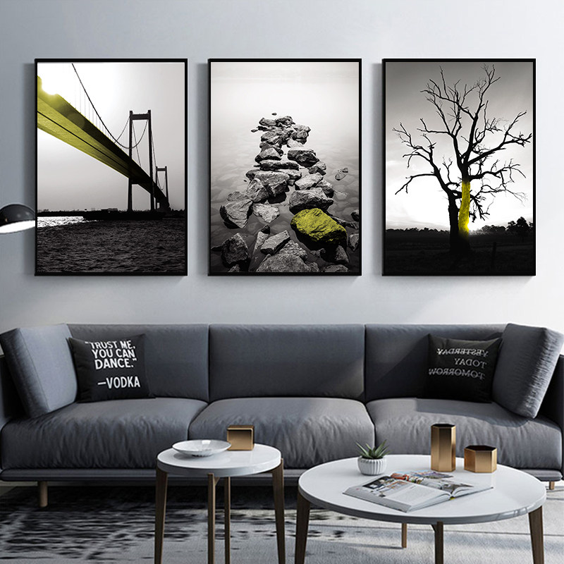 客厅装饰画沙发背景墙挂画北欧黄金桥壁画抽象大气餐厅画黑白墙画