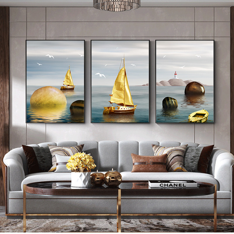 轻奢客厅装饰画现代简约背景墙沙发后面的挂画三联画石来运转壁画