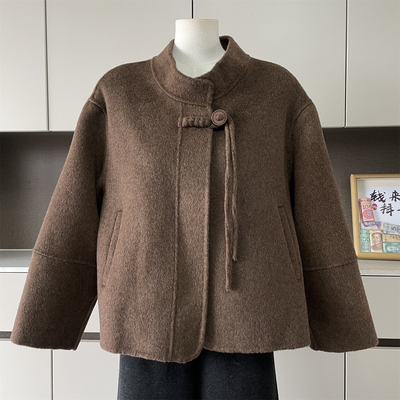 妈妈装双面呢羊毛立领短款大衣