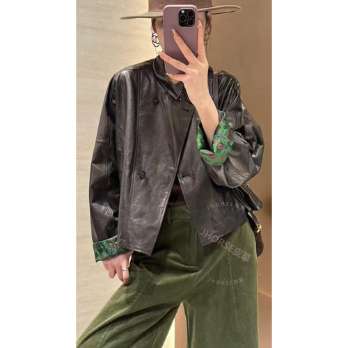 赫本油蜡羊皮新中式两面穿真皮皮衣女2026秋立领高级皮夹克外套