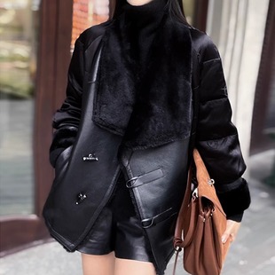 大翻领羊羔毛皮毛一体拼鹅绒服女2025皮草羽绒服外套中长款欧货