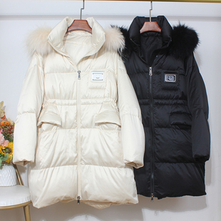笑脸可拆卸貉子毛领连帽白鹅绒中长款羽绒服女抽绳面包服2025冬新