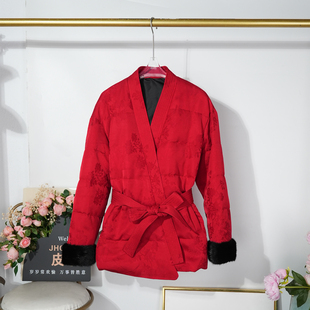 新中式提花V领系带收腰显瘦中长款羽绒服水貂毛鹅绒外套女2025冬