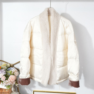 2025季水貂毛V领铜氨丝鹅绒羽绒服女新中式外套保暖高端面包服