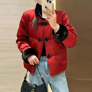 水貂毛鹅绒服花扣新中式皮草羽绒服女2025新款保暖短外套高端