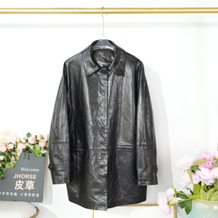 2026春季纯色翻领真皮皮衣女士高级绵羊皮夹克中长款通勤休闲外套