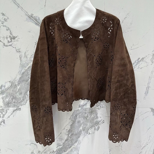 进口绒面羊皮圆领镂空刺绣真皮皮衣女2025秋反绒绵羊皮小短款外套