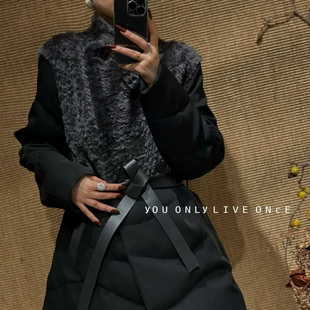 2025冬季高级假两件真毛领羽绒服女士鹅绒外套系带收腰面包服大衣