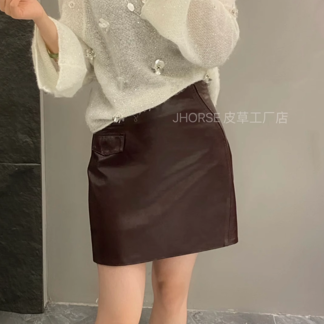 进口绵羊皮短裙复古高级感真皮半身裙女2024秋包臀a字防走光皮裙