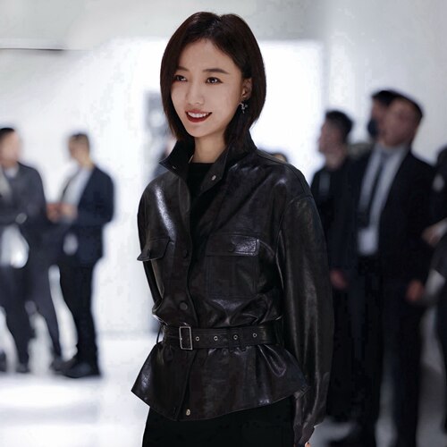 王珞丹同款真皮立领显瘦皮衣女