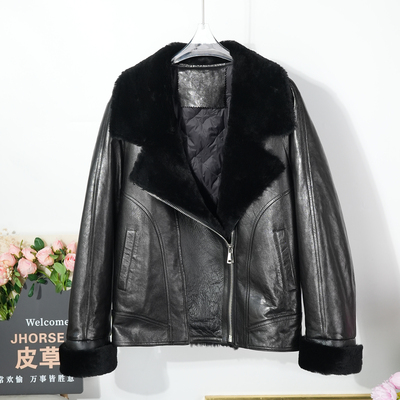 2025冬羊羔毛皮毛一体拼真皮羽绒服女绵羊皮鹅绒服保暖机车短外套