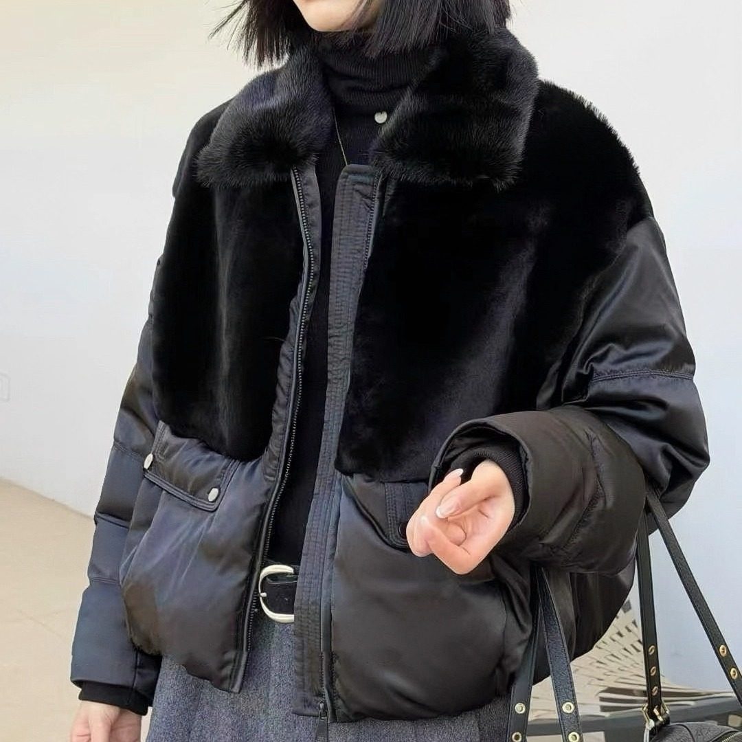 进口水貂毛领拼羊羔毛皮毛一体鹅绒羽绒服女保暖真丝皮草外套欧货