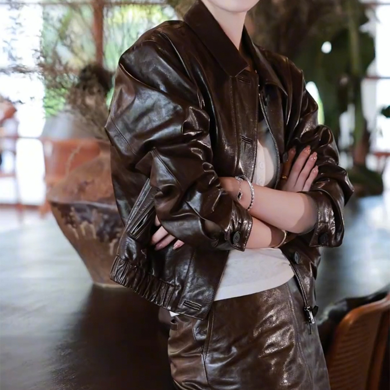 头层真皮羊皮外套女翻领小皮衣复古洋气2024秋高级感皮夹克小个子