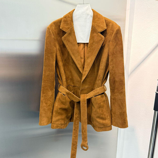 欧货进口绒面山羊皮真皮皮衣2025秋新款反绒皮宽松系带西装外套女