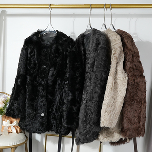小湖羊真皮皮毛一体女系带2025冬高端胎羊毛皮草女大衣短毛毛外套