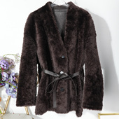 进口拉贡羊羔毛真皮毛一体外套女2025冬V领收腰中长款 整皮草大衣