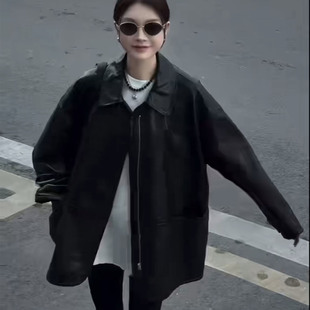 2026春季宽松中长款翻领真皮皮衣女士高级绵羊皮夹克通勤休闲外套