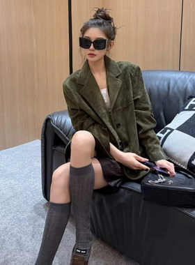 进口绒面山羊皮2026秋反绒真皮皮衣女皮夹克中长款通勤西装外套