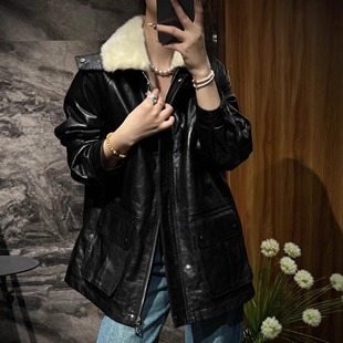 进口水貂毛领真皮羽绒服女2025冬油蜡绵羊皮白鹅绒工装中长款外套