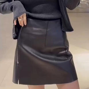 欧货真皮皮裙女绵羊皮拉链开叉高腰半身裙2024秋a字高级感小短裙