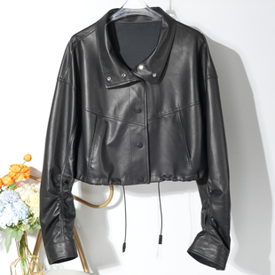 洋气宽松大版 2025秋季 立领真皮皮衣女士高级绵羊皮夹克机车短外套