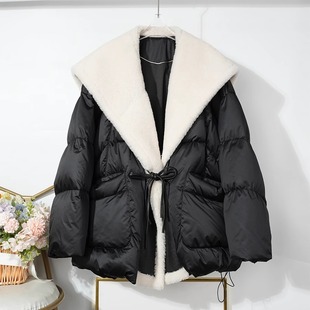 大翻领羊羔毛皮毛一体拼鹅绒服羽绒服外套女宽松中长款2025欧货