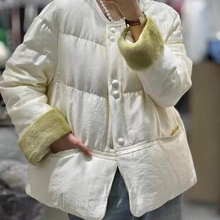 可脱卸水貂毛桑蚕丝鹅绒服新中式皮草羽绒服女短外套保暖24冬高端