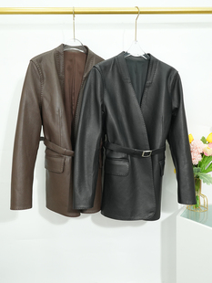 真皮鹿纹山羊皮皮衣外套中长款 气质V领系带收腰显瘦2026春夹克女