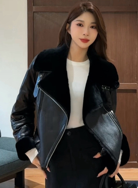 欧货羊羔毛皮毛一体机车外套女拼接油蜡绵羊皮鹅绒真皮羽绒服25冬