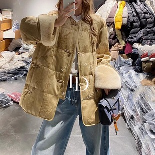 进口水貂毛鹅绒服外套女中长款新中式盘扣圆领2025新款皮草羽绒