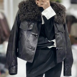 2025冬季 高级毛领真皮羽绒服女士鹅绒羊皮厚外套机车夹克面包服潮