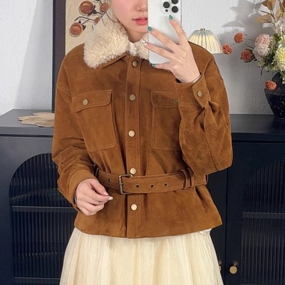 2025冬羊羔毛领真皮羽绒服女收腰显瘦山羊皮反绒皮90白鹅绒暖外套