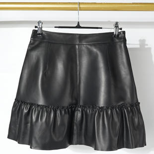 2025秋季 百搭高腰荷叶边真皮半身裙女士高级绵羊皮裙a字短裙子