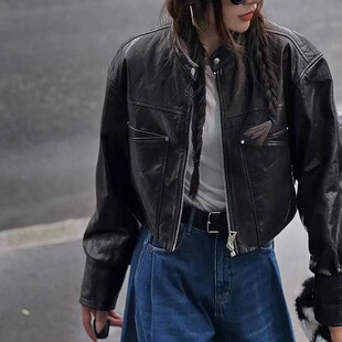 真皮皮衣绵羊皮机车皮夹克2026春季 小圆领铆钉高级感短外套女 新款