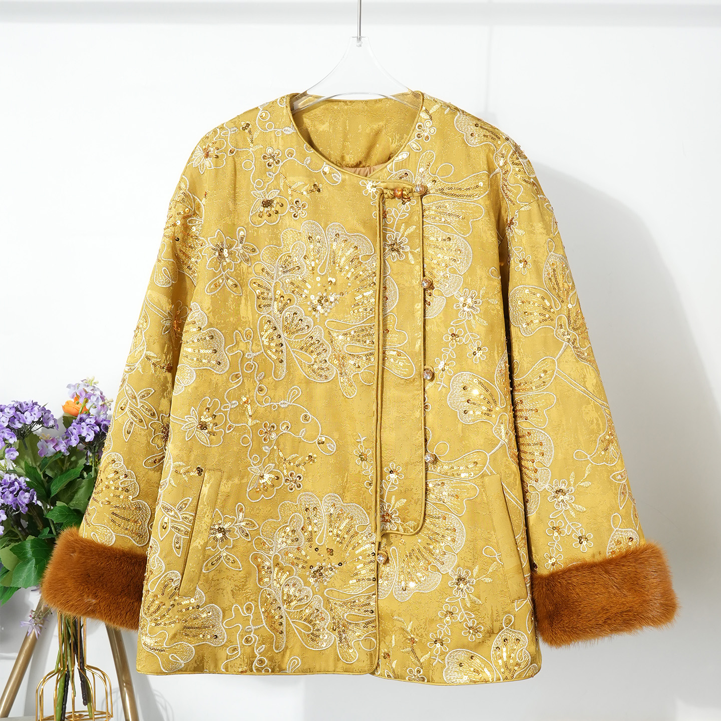 水貂毛白鹅绒棉麻亮片钉珠中长款外套女2025冬高级国风宽松羽绒服