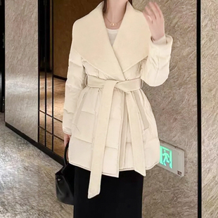 2025冬气质系带收腰双面全羊毛呢羽绒服女加厚鹅绒大衣中长款外套