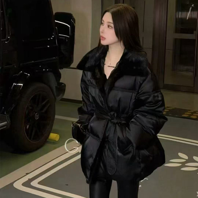 2025冬季水貂毛领缎面羽绒服女士中长款鹅绒大衣系带收腰加厚外套