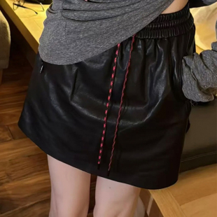 真皮半身裙女半植鞣绵羊皮纯皮皮裙抽绳松紧腰2025秋时尚A字短裙