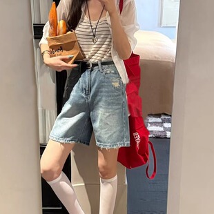 欧货 2025夏季 薄款 牛仔短裤 女配腰带复古风宽松磨损破洞休闲四分裤