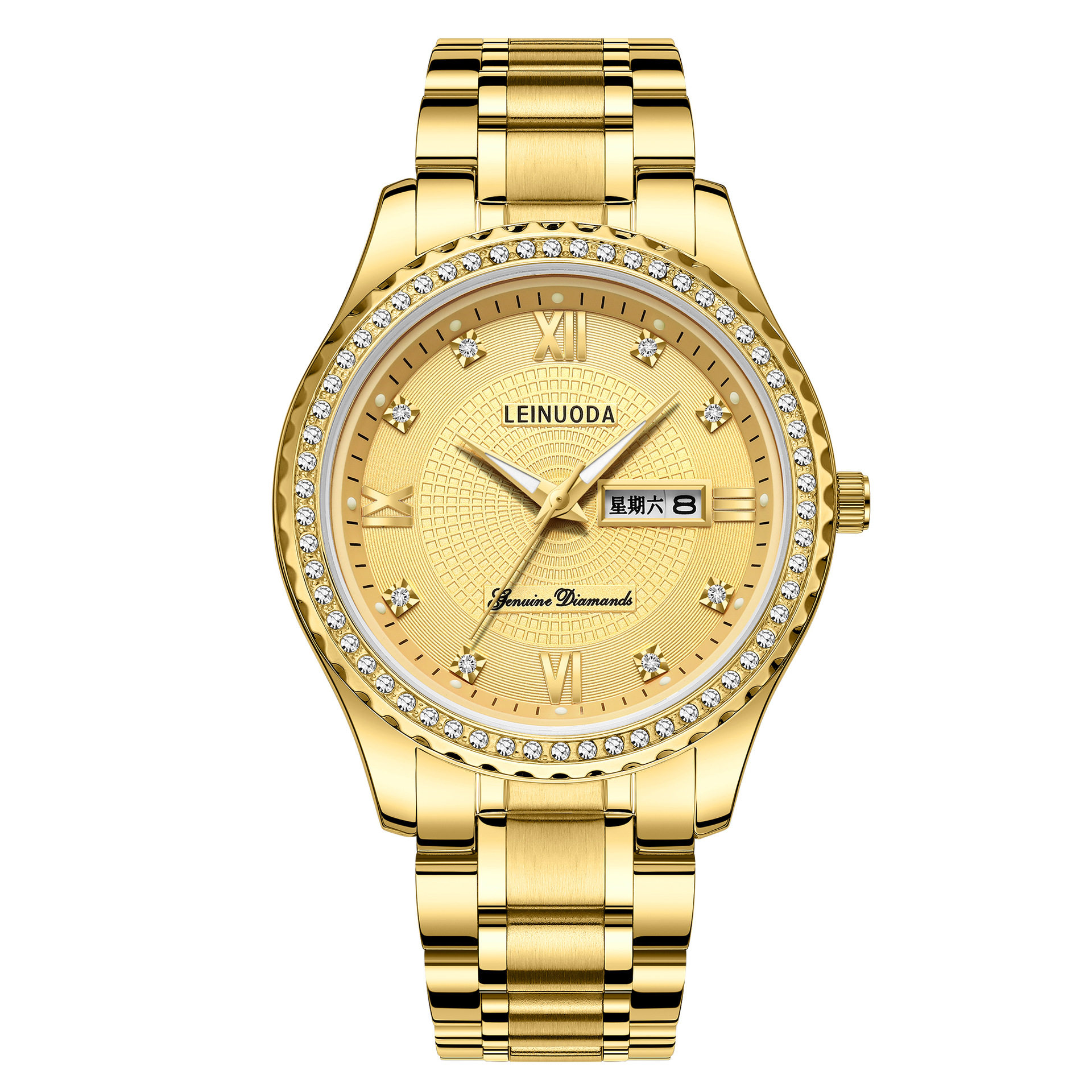 男士手表双日历 石英表创意商务腕表土豪金镶钻40mm饰品 lnd9000